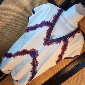 J. Crew White Top with Red Embroidered Trim and Blue Accent